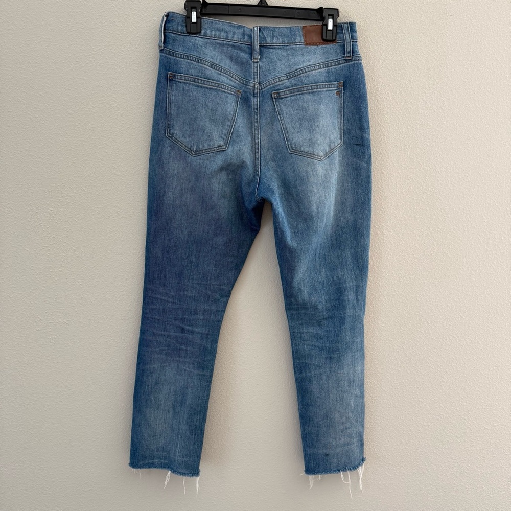 Madewell High Rise Slim Boy Distressed at Knees Raw Hem Blue Jeans 27 - Picture 4 of 7